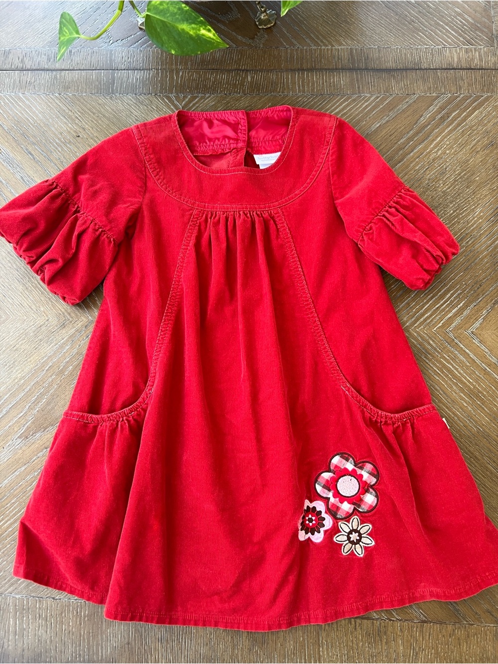 Red Floral Corduroy Girls' Dress with Puff Sleeves